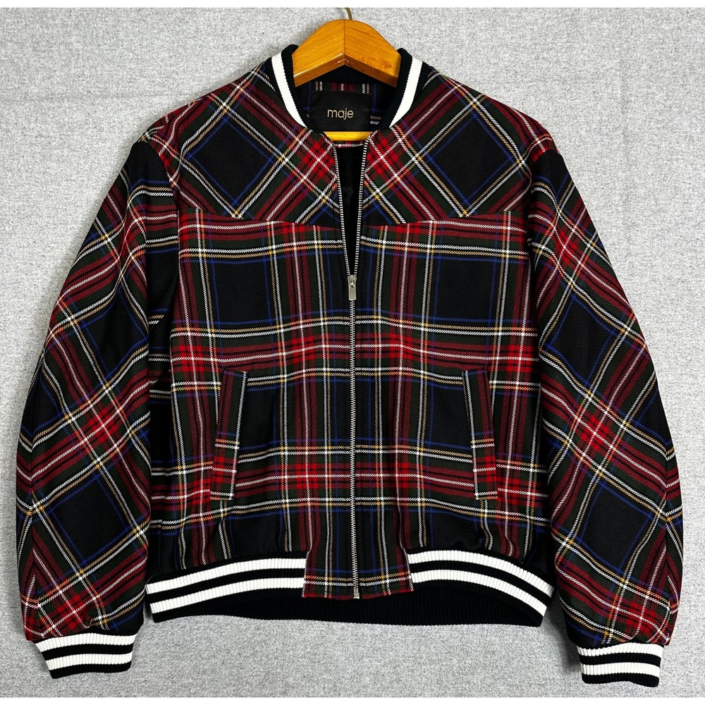 Maje Bomber Jacket Women 38 Medium Black Red Plaid Zip Varsity Ribbed Tapestry